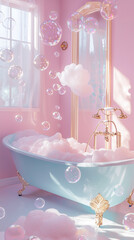 A whimsical pink bathroom with floating bubbles, retro tub, and colorful accents. Dreamy and surreal, perfect for creative, playful design themes.