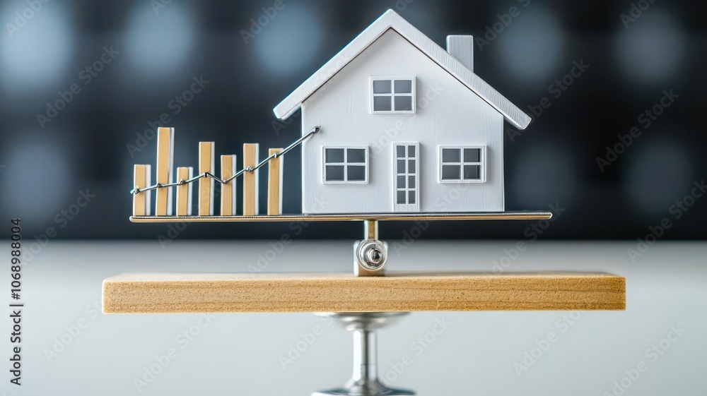 Poster artistic view of a house model on a balance scale with a decreasing line graph representing loan amo