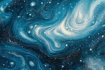 Fond turquoise intense avec motifs de givre tourbillonnants et particules de neige..