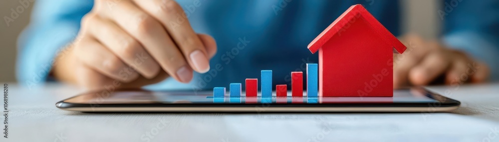 Poster closeup of a mortgage lender explaining amortization terms to a client using a tablet with visuals, 