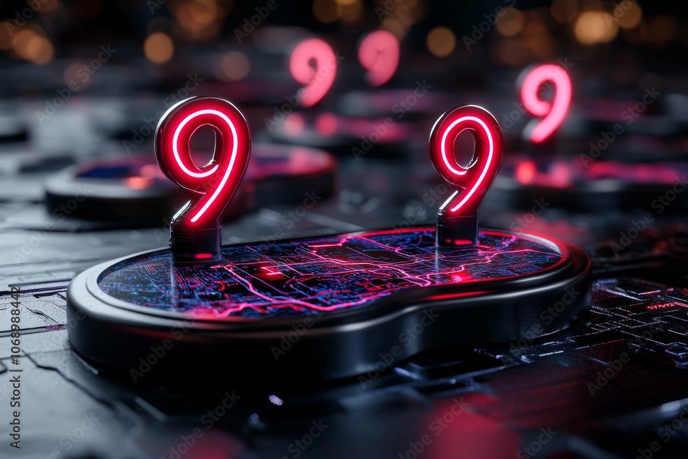 Poster High-tech travel simulation interface with holographic maps and neon destination points, set in a cyberpunk world