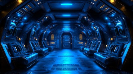 Fototapeta premium Explore the futuristic aesthetic of a sci-fi-inspired blue corridor with sleek seating arrangements