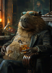 A joyful capybara dressed in a suit and sunglasses sits on a chair, sipping a cocktail, embodying surrealism with intricate details and a dark backdrop