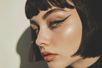Fototapeta premium Face of young woman with thick winged eyeliner makeup and dark hair with short bangs