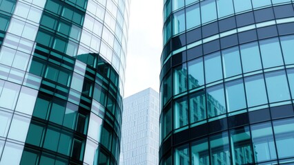 Obraz premium Modern Skyscraper Reflections in Blue Glass Windows, Perfect for Urban Landscape Art or Office Building Advertising