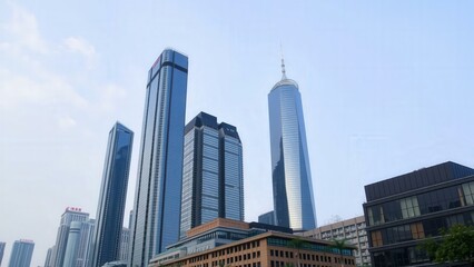 Stunning Skyline of Modern Skyscrapers in Blue Skies, Perfect for Urban Landscape Art and Wall Decor