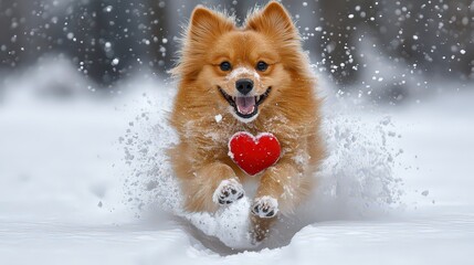 Obraz premium Fluffy dog joyfully bounds through fresh snow, ears flapping and mouth open in wide smile; dusted with snowflakes, its paw prints trail behind, capturing winter bliss.