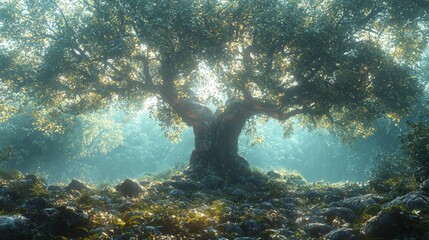 Majestic tree illuminates enchanted forest with soft ethereal light creating a serene nature scene