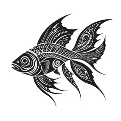 Tribal fish tattoo design with sharp teeth and fins illustration vector silhouette with swirling patterns isolated on a white background