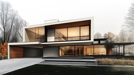 Obraz premium Contemporary two-story house with large glass windows and minimalistic design surrounded by bare winter trees and landscaped garden