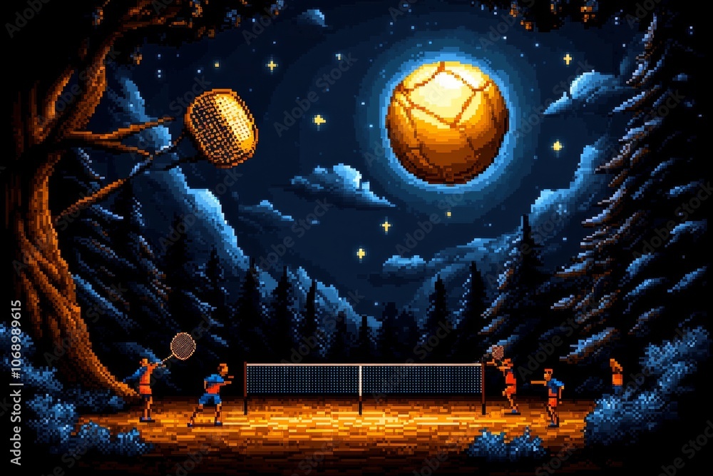 Poster pixel art of a badminton match with tiny players, rackets, and a shuttlecock in retro 8-bit style