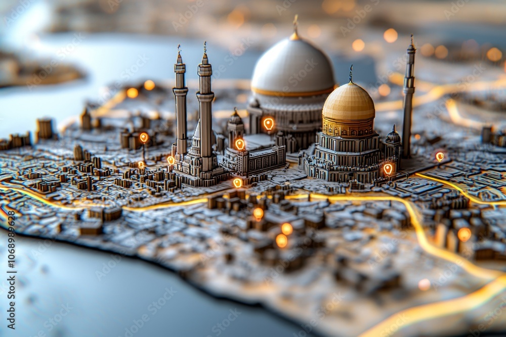 Poster pixel art travel simulation of a pixelated city map with small icons of landmarks, in retro gaming s