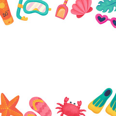 Hand-drawn frame of a summer beach day with sea animals sand toys and diving gear.