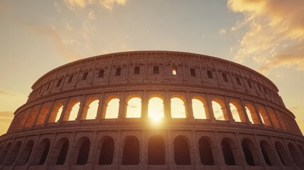 showcases the iconic Colosseum at sunset, highlighting its monumental architecture and historical significance in Rome.