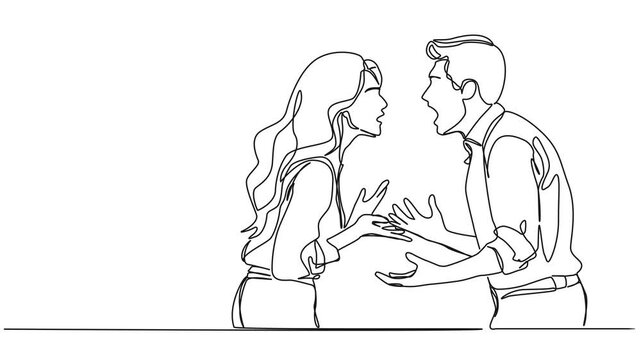 animated continuous single line drawing of couple arguing and yelling at each other, line art animation
