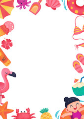 Hand-drawn frame of a summer day at the beach with a bikini drinks and sand toys.