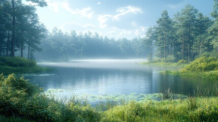 Fototapeta premium Explore the tranquil beauty of a misty lake surrounded by lush green forests