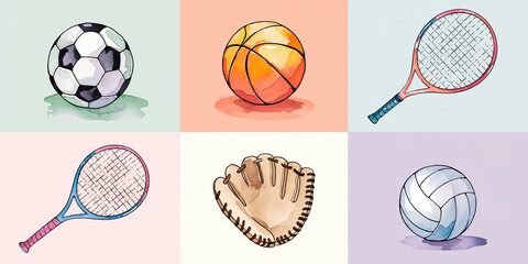 Watercolor Illustration of Five Sports Equipment Items