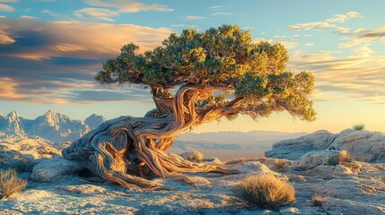 Fototapeta premium Majestic ancient tree with twisted branches set against desert landscape under a vibrant sky, capturing resilience and natural beauty in a rugged environment.