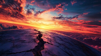 Obraz premium Dramatic sunset illuminating cracked planet surface with orange clouds