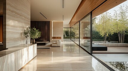 Obraz premium Luxury modern villa with open layout and central courtyard visible through large glass walls; white stone and wooden panels blend warmth with sleek, contemporary design.