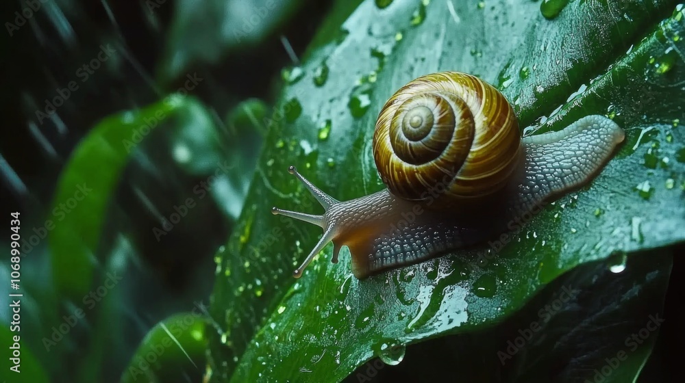 Poster snail on leaf with rain and green background
