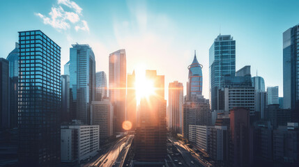 Fototapeta premium Golden Sunrise Peeking Through Modern Cityscape