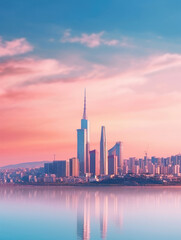 Naklejka premium Majestic City Skyline and Reflection at Sunset