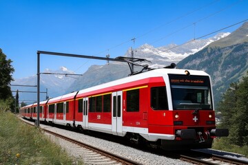 Virtual experience of a train journey through the Swiss Alps, with views of mountains, tunnels, and villages