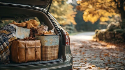  Packed trunk filled with road trip essentials—suitcases, blanket, cooler with snacks, and map in corner; car in sunny driveway, everything neatly arranged for adventure.