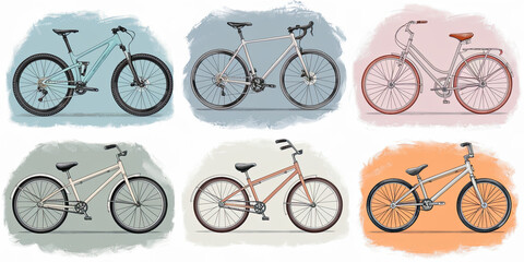 Fototapeta premium Watercolor Illustration of Five Bicycle Types
