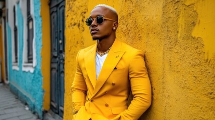 Obraz premium Stylish Man in Bright Yellow Suit and Sunglasses Leaning Against Colorful Wall