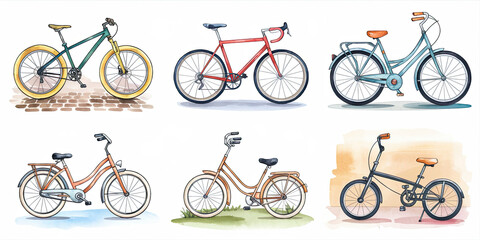 Obraz premium Watercolor Illustration of Five Bicycle Types
