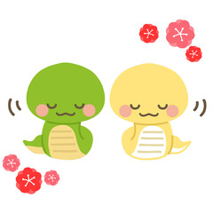 巳年の年賀状素材　お辞儀する二匹のへび