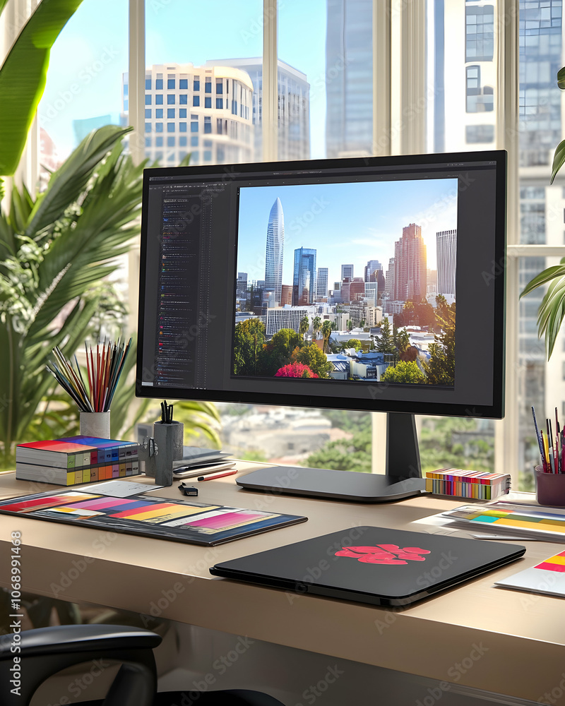 Poster a modern desk with a computer displaying a city skyline image.