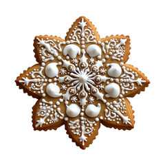 Fototapeta premium Gingerbread christmas cookie decorated with royal icing representing snowflake on transparent