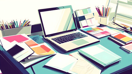 A modern workspace with a laptop, color swatches, notebooks and pencils.