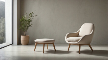 Modern Beige Armchair in Minimalist Interior with Concrete Wall
