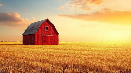  Rustic red barn in golden wheat field at sunset; vibrant red contrasts with warm orange sky, evoking traditional heartland of America and simple, timeless beauty.