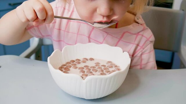 A little Caucasian child girl of two years old eats chocolate balls with milk for breakfast in the kitchen.