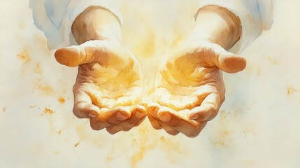  Elegant watercolor of Jesus’ outstretched hands with surrounding light in soft golden hues; minimalistic design radiates warmth, ideal for cards symbolizing blessing and grace.