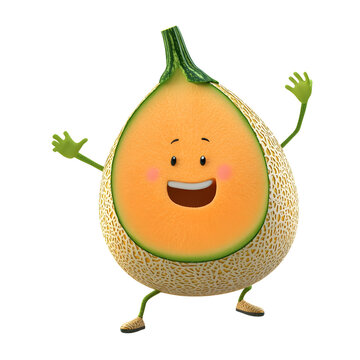 Joyful cantaloupe cartoon, vibrant colors, cheerful expression, arms raised, happy dance, 3D render, summer vibes!