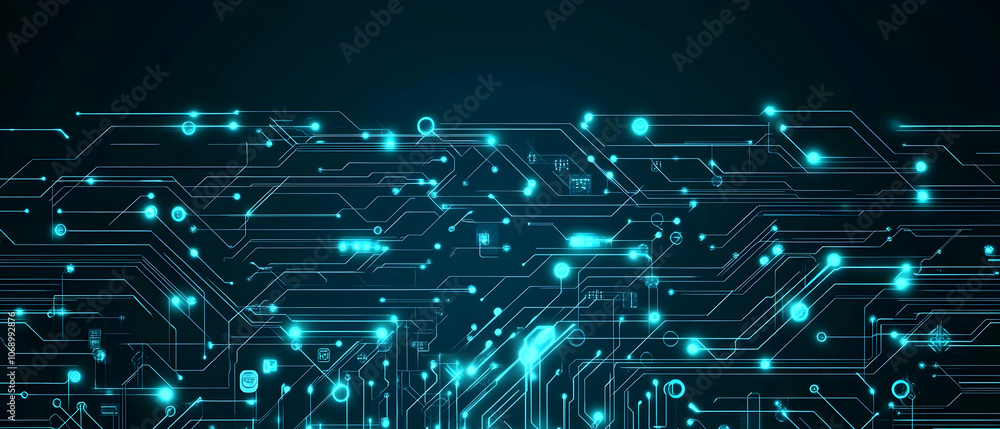 Poster abstract digital circuit board with glowing blue lines and dots on a dark background.