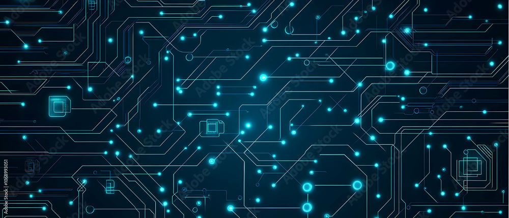 Poster abstract futuristic circuit board background with glowing blue lines and nodes.