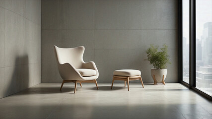 Modern Beige Armchair in Minimalist Interior with Concrete Wall