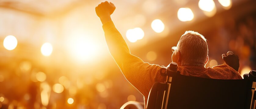 Man in wheelchair cheering at a concert.