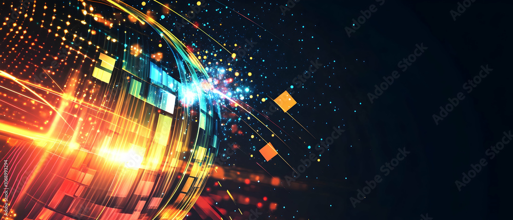 Poster abstract glowing sphere with colorful light streaks and particles on a dark background.