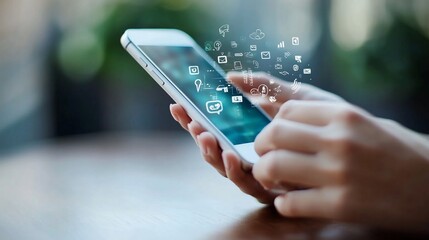 Close-up of a hand holding a smartphone with social media icons floating around it.