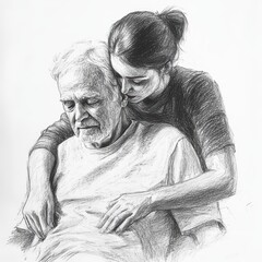 Caregiver assisting senior man in physical therapy, graphite sketch, intimate interaction, soft shadows, comforting ambiance