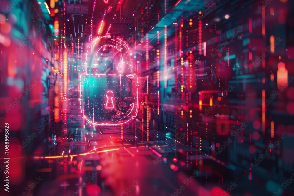 Aufkleber cyber security lock glowing in dark red and blue cyberspace chip surface. neural network ai generate